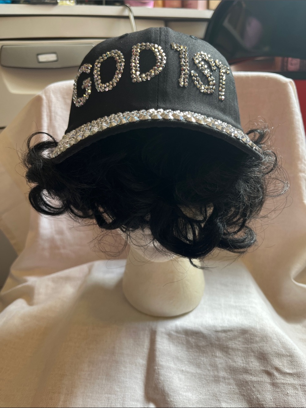 Black Rhinestone 'GOD 1ST” Embellished Cap